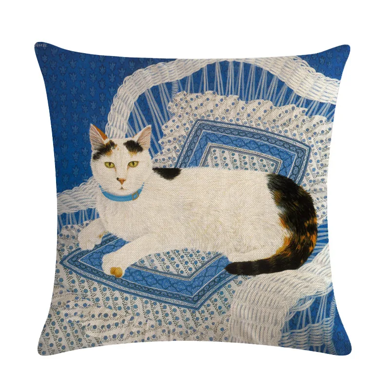 Vintage Oil Painting Cat Decorative Cushion Cover Single Side Cotton Linen Pillow Cover Animal Pillow Case for Sofa Chair Home