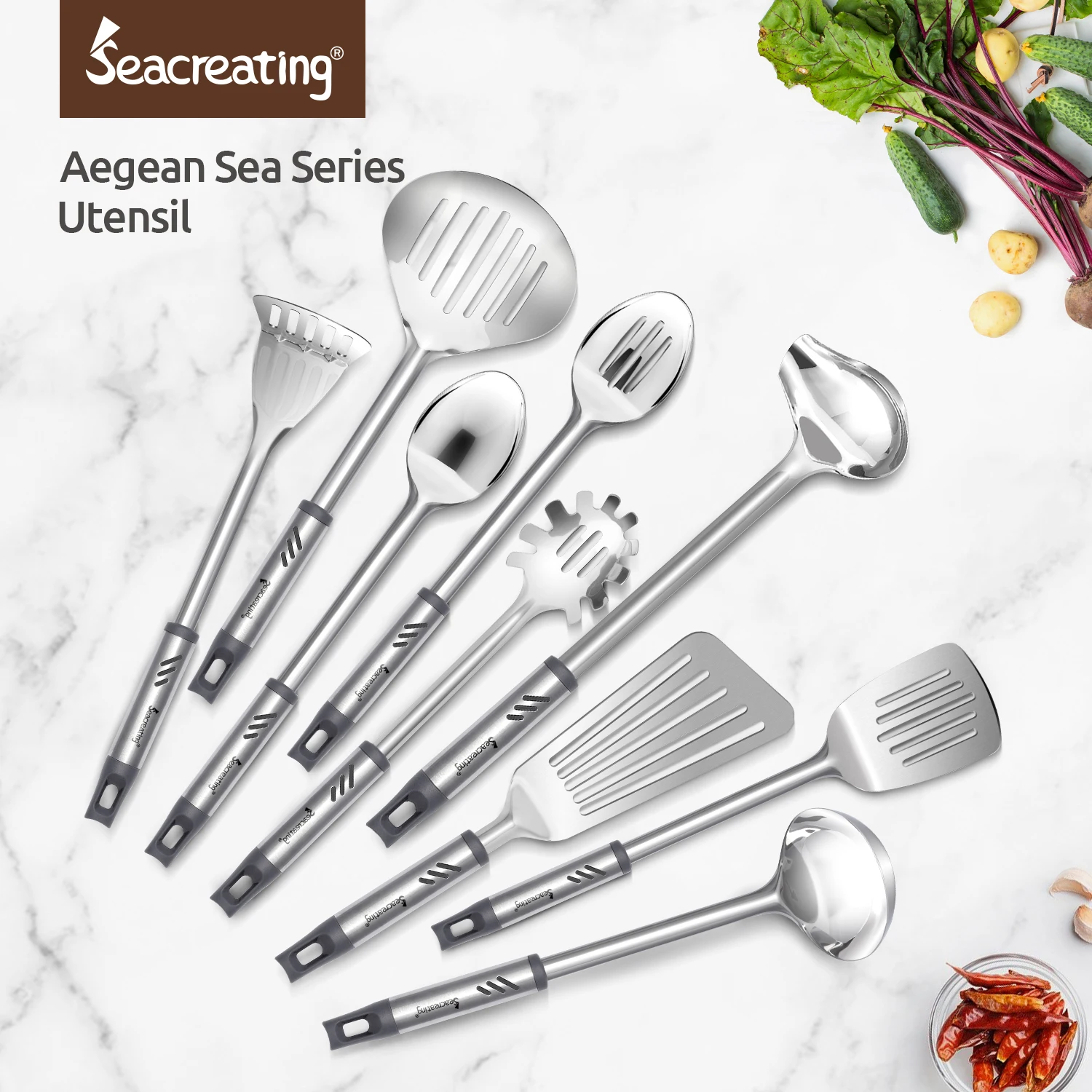 Seacreating Aegean Sea Series Stainless Steel Utensil Cookware Ladel Frying Turner Spoon Skimmer Potato Masher Spaghetti Sever