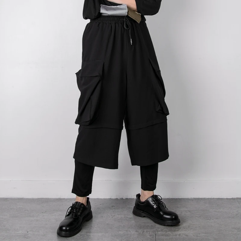 

Summer thin large pockets functional dark overalls loose casual fake two-piece pants men's trend