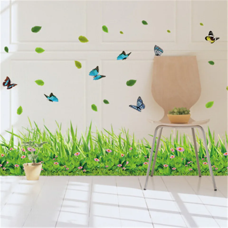 

Green Grass Flower Wall Stickers For Kids Room Kindergarten Butterfly Leaves Wallpaper Home Decor Self Adhesive Waterproof Mural