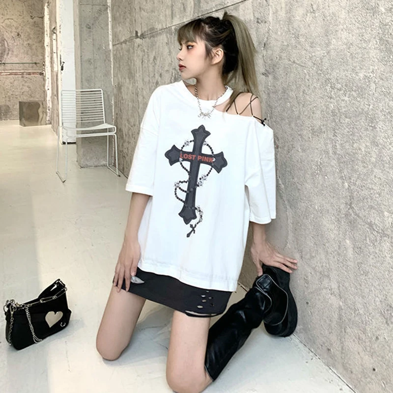 Women One Side Off Shoulder T-shirt Lace-up Fake Two Pieces Cotton Tops White Punk Lady Gothic Street T Shirt Cross Chain Print