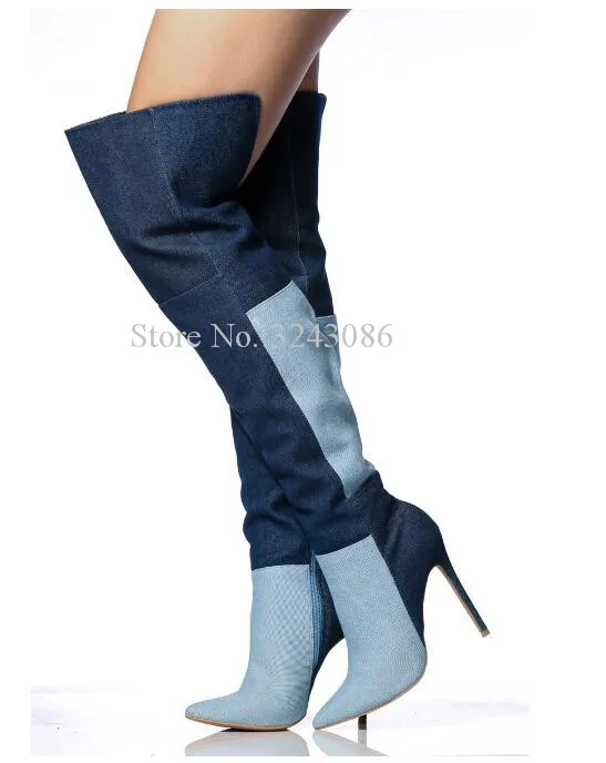 

Fashion Patchwork Jean Over the Knee Boots Women New Mixed Color Stiletto Heel Denim Long Boots Lady Popular Winter Boots