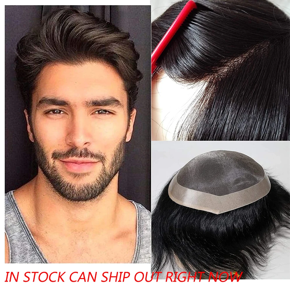 Toupee For men Hair Pieces For Mono Human Hair Toupee Men Hair Piece Poly Skin Around Hair System Durable 1BColor 8inch In Stock