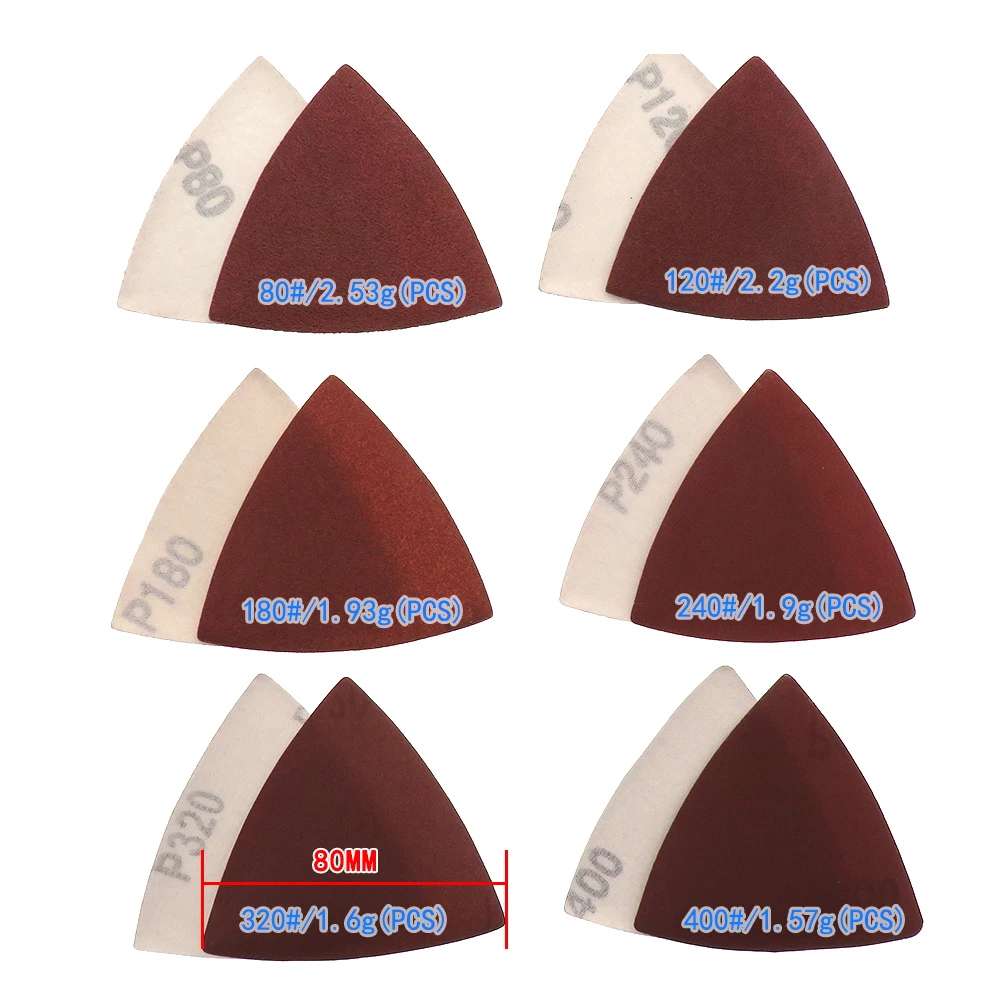 80mm 삼각형 사포 100pcs 후크 루프 사포 디스크, 델타 샌더 그릿 40-1000 샌딩용 연마 도구