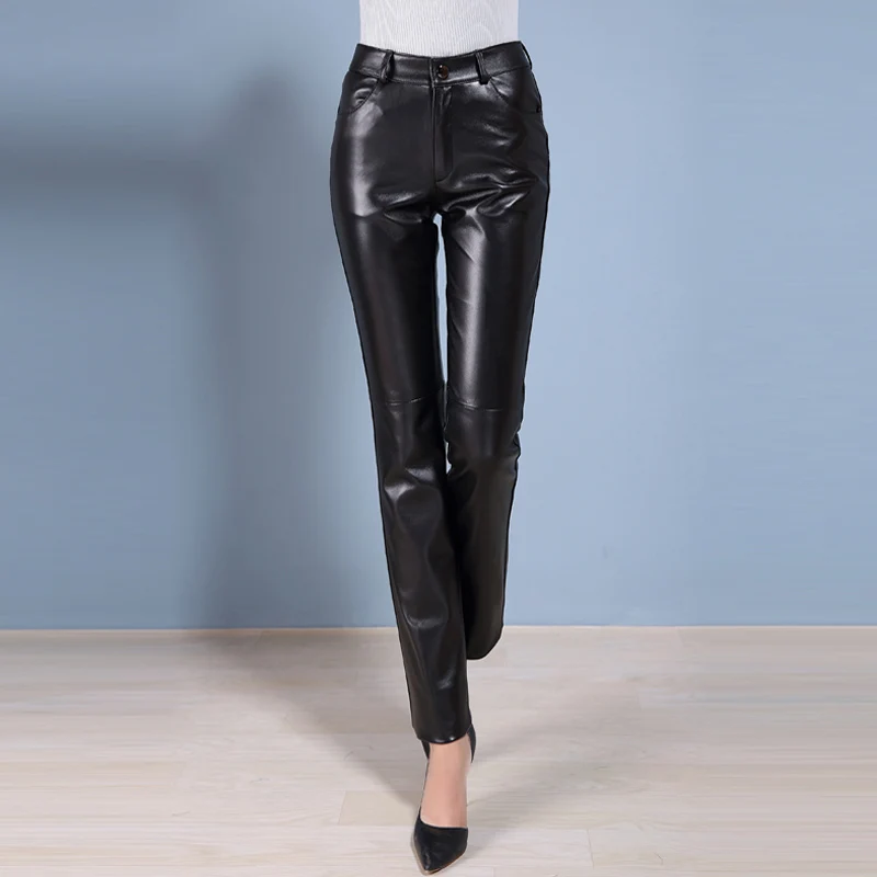 Women's Leather Pants, The First Layer Of Sheepskin Pants, OL Genuine Straight Pants, Thick with Fleece, Black, Spring, Autumn