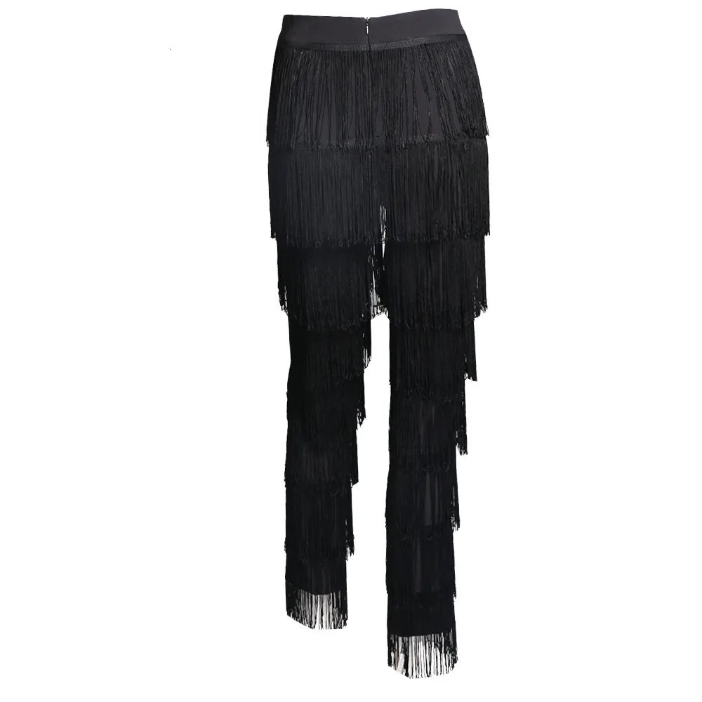 Missord White Pants Women Fashion High Waist Tassel Zip Long Pants Black Fringed Trousers