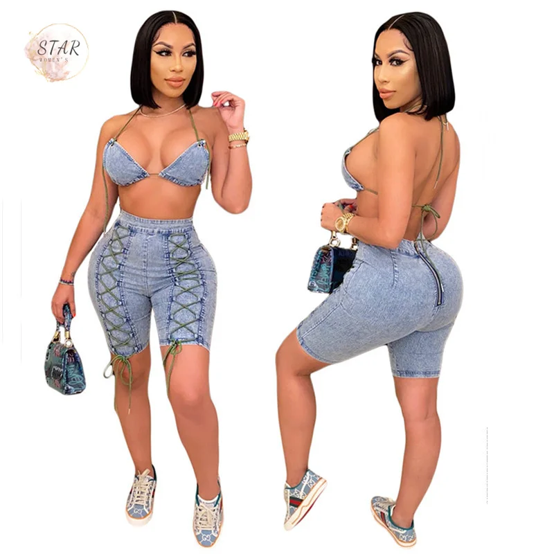 

Denim Tao Piece Sets Women 2021 Lingerie and Jeans CropTop Shorts Sets Casual New Streetwear Summer ClothesWholesale Dropshpping