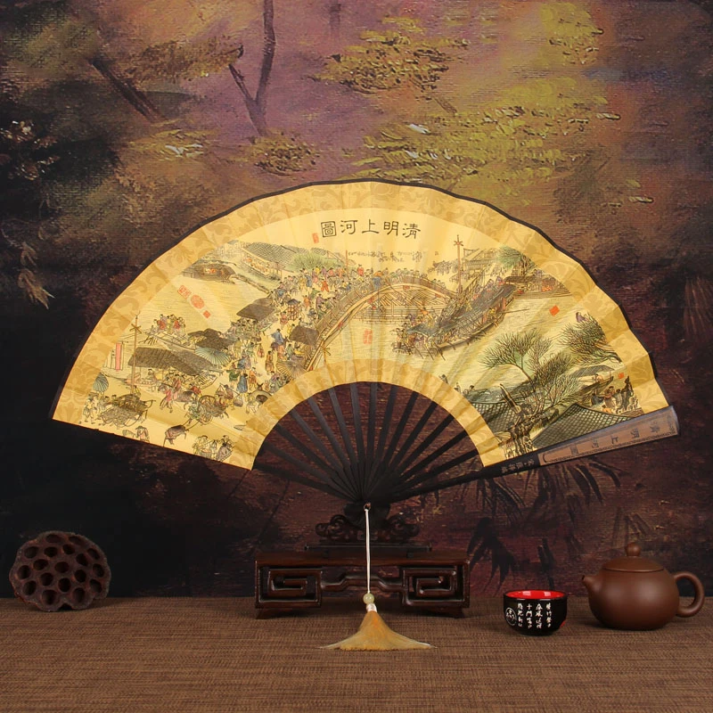 Retro style men\'s big folding fan with fan tassel Portable daily decorative hand fan Laser engraving fan bone Durable hand fan