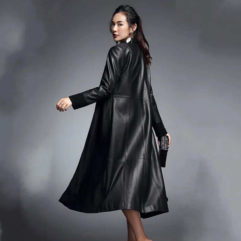 

Sheepskin Fashion Coat Office Lady Elegant Middle Length Genuine Leather Windbreakers Splice Pleated V Neck Slim Fit Long Jacket