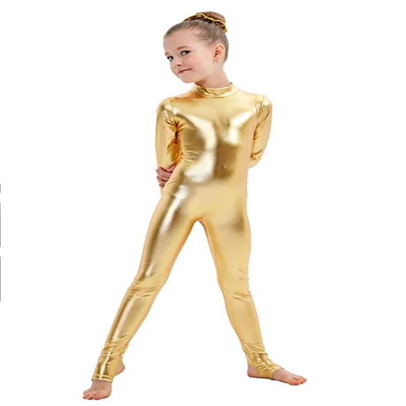 SPEERISE Kids Long Sleeve Metallic Unitards Stirrups Dance Gymnastics Leotards Girls Shiny Dancewear Stage Performance Show Suit