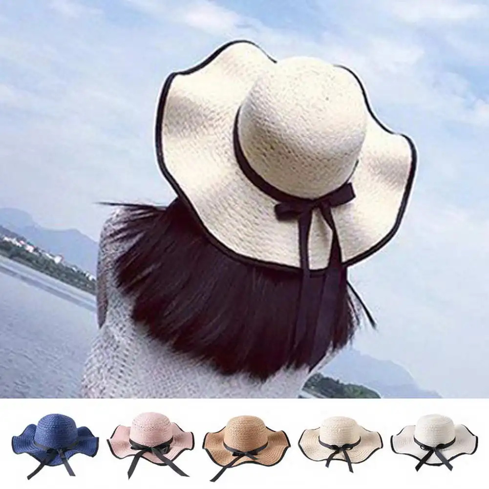 Sombrero coreano para Mujer, Sombrero de paja con lazo, protección UV, ala redonda clásica, sombreros de sol salvaje, gorra de playa para Mujer, novedad de verano