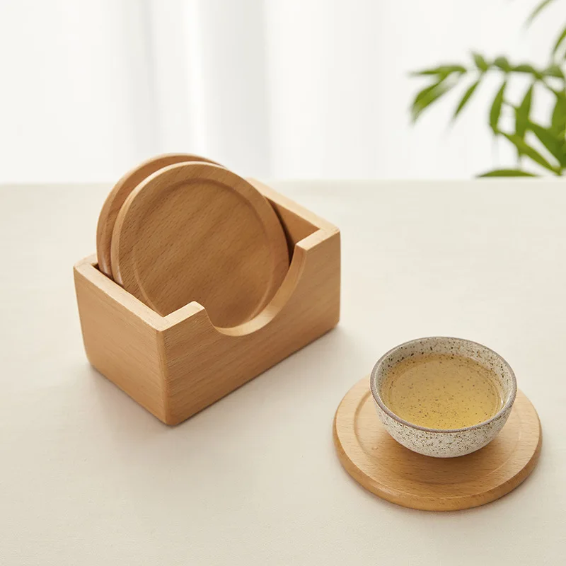 

6 Pieces Wooden Coaster Set Black Walnut Solid Wood Round Table Mat Heat Insulation Pad Box Bottom Holder Placemat Cup