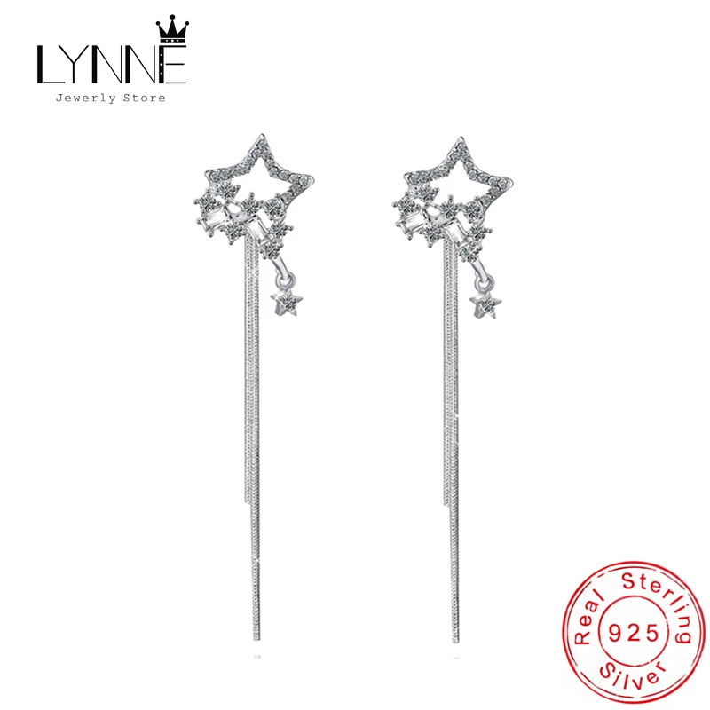 

New Bohemia Long Tassel Zircon Drop Earrings 925 Sterling Silver Star Rhinestone Ear Stud Dual Use Pendant Earing Women Jewelry