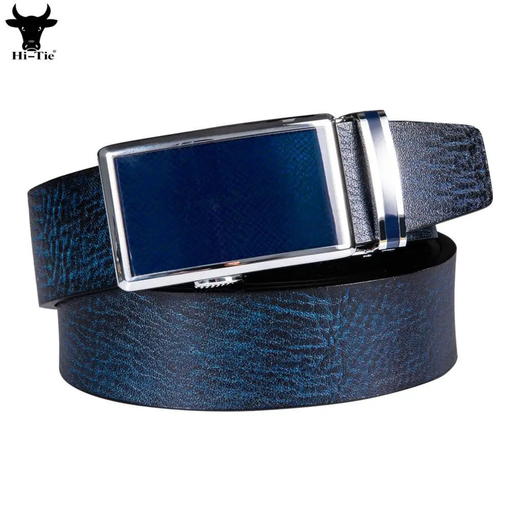 

Hi-Tie Mens Belts Blue Navy Genuine Leather Metal Automatic Buckles Ratchet Adult Waist Belt for Men Dress Jeans Wedding Party