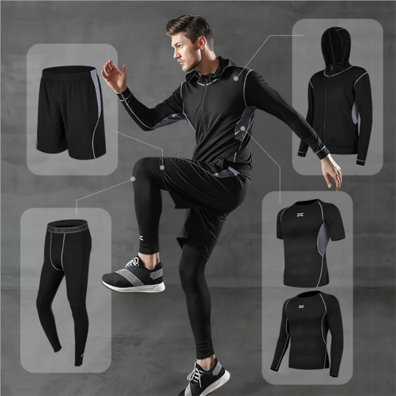 5 Pcs/Set Men\'s Tracksuit Compression Sports Suit Gym Fitness Clothes Running Jogging Sport Wear Training Workout Tights