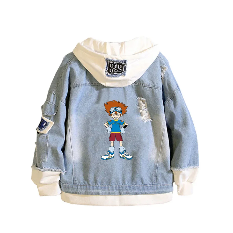 Anime Digimon Adventure Coat Teens cowboy Cosplay Jacket Men Women Casual Denim Hooded Loose coat Cartoon Hooded