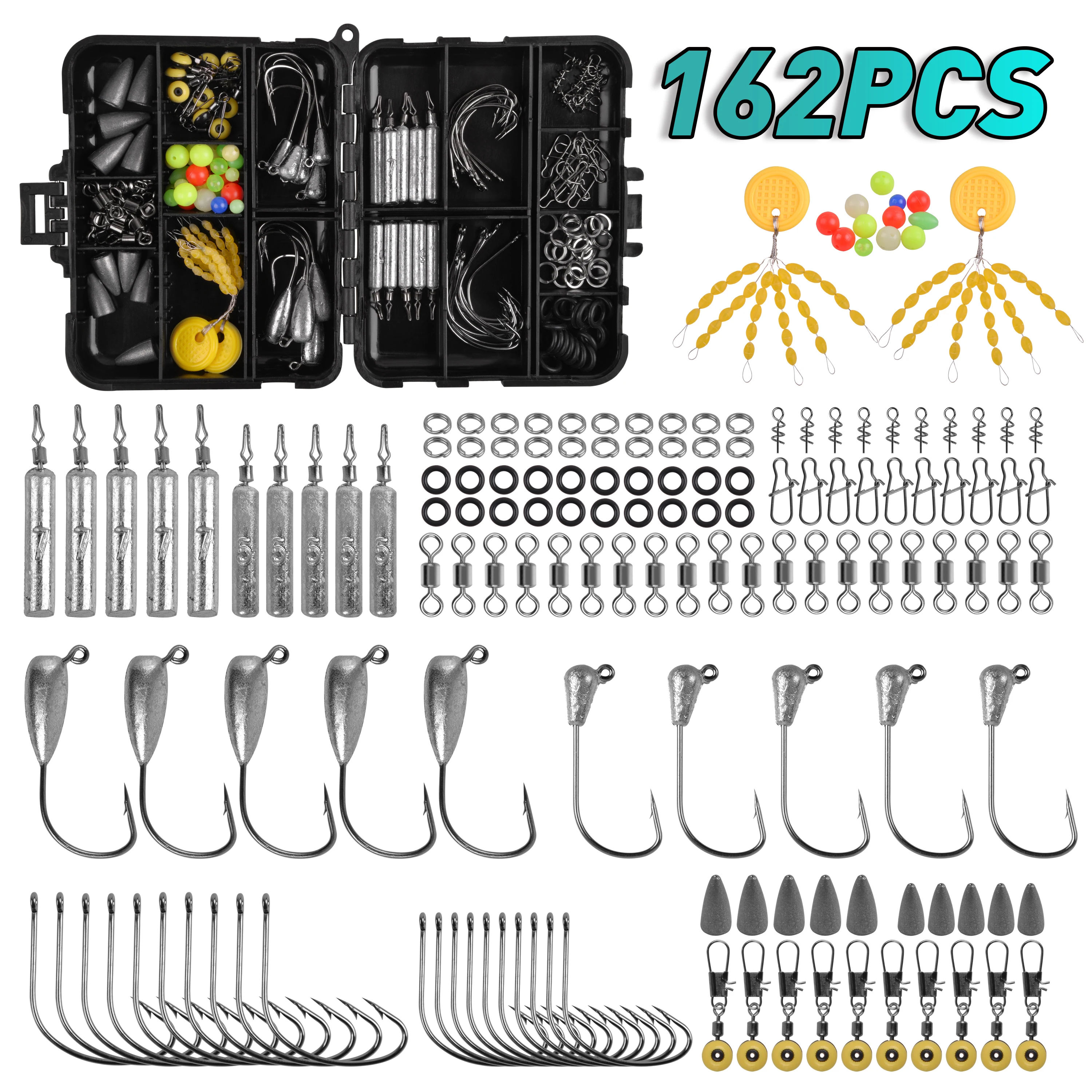 162PCS/Box Fishing Accessories Tackle Box Kit With Hooks Weights Jig Heads Swivel Slides Rolling Swivels Space Bean For Bass