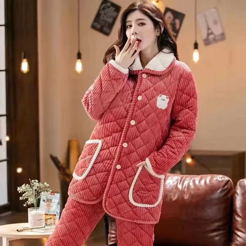 Mother's Winter Thick Elastic Waist Pants SuitsMid-Long pajamas women's  three-layer velvet coral fleece jacket Women Home Cloth