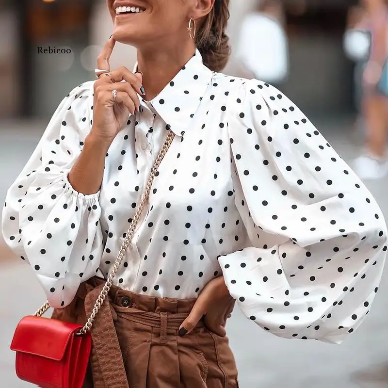 Women Shirts 2021 Autumn Polka Dot Shirt Long Lantern Sleeve Lapel Neck Elegant Office Ladies Stylish Tops  5XL