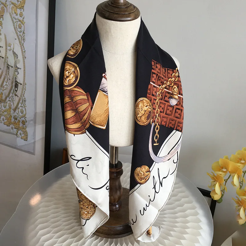 Vintage Print 100% Silk Head Scarves for Hair Wrapping Large Square Silk Shawl Wraps Foulard 35\