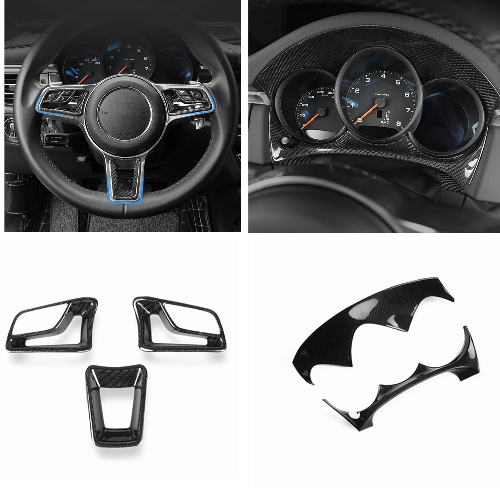 For Porsche Macan 2014-2020 Steering Wheel Panel Strip+Tachometer Dashboard Dash Gauge Cover Trim Carbon Fiber Frame Sticker