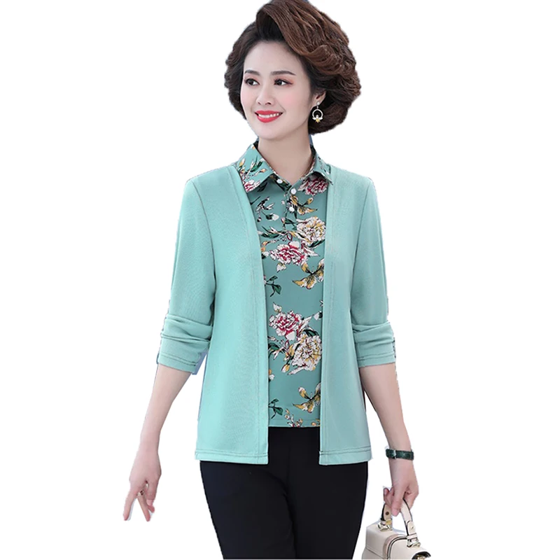 

NEW 2022 Fashion Women's Suit Middle-aged Elderly Mothers Printing Shirt Top @ Shawl Coat 2 Pcs Sets Spring Summer Clothing 5XL