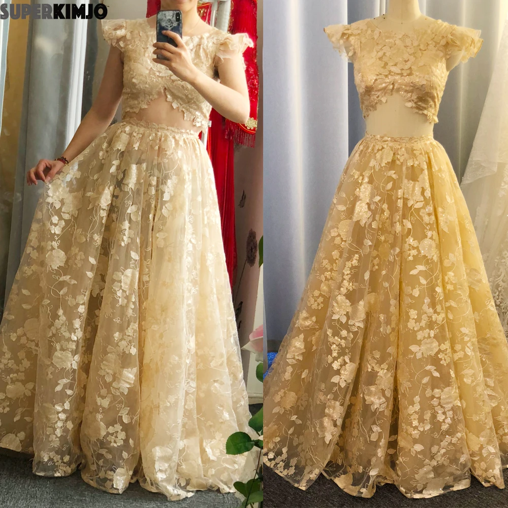 SuperKimJo 2 Piece Prom Dress Long Champagne Lace Applique Sparkly Elegant Prom Gown Vestidos De Fiesta Largos Elegantes De Gala