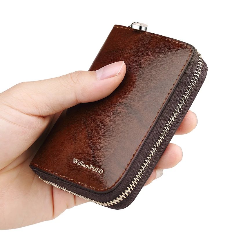 Portefeuille en cuir véritable pour hommes, petit porte-cartes à fermeture éclair, fentes d\'orgue, porte-monnaie Design à la mode