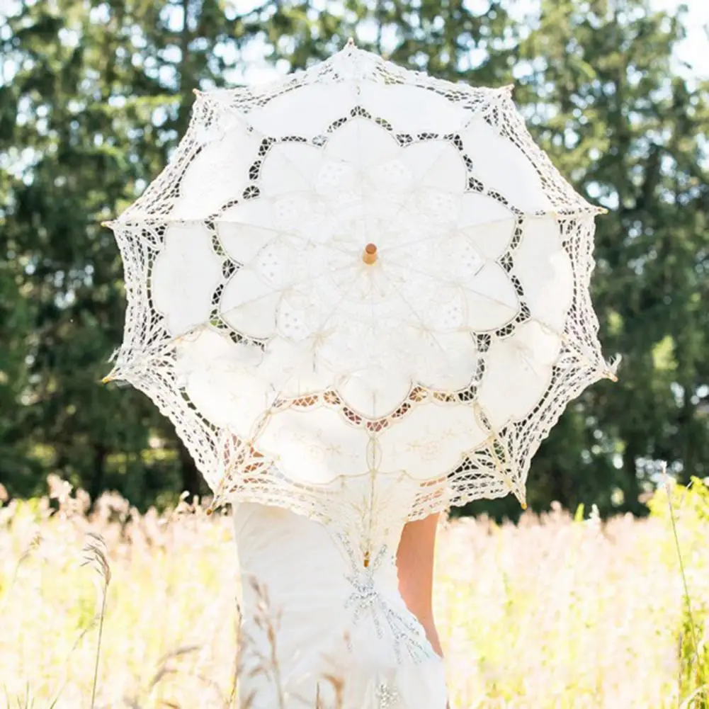 New Sun Umbrella Cotton Embroidery Bridal Umbrella White Ivory Lace Parasol Umbrella Decorative umbrella for wedding