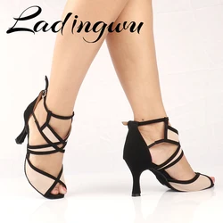Ladingwu Women Dance Shoes Latin Ballroom Dance Shoes Ladys Girls Geometry Clipping Salsa Dance Shoes Beige Suede Heels 6-10cm