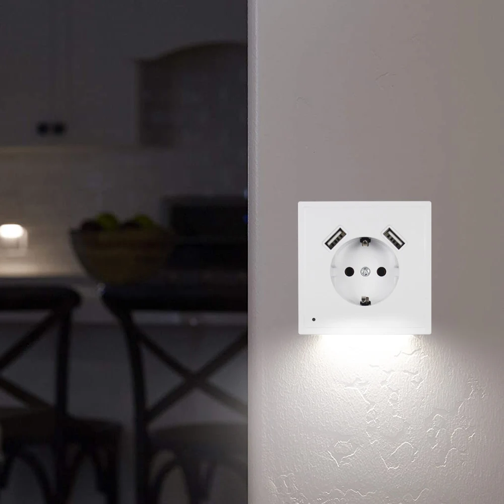 New USB Wall Socket With Sensor Night Light Double USB 5V2A Free Shipping EU Standard Phone Charger JA8