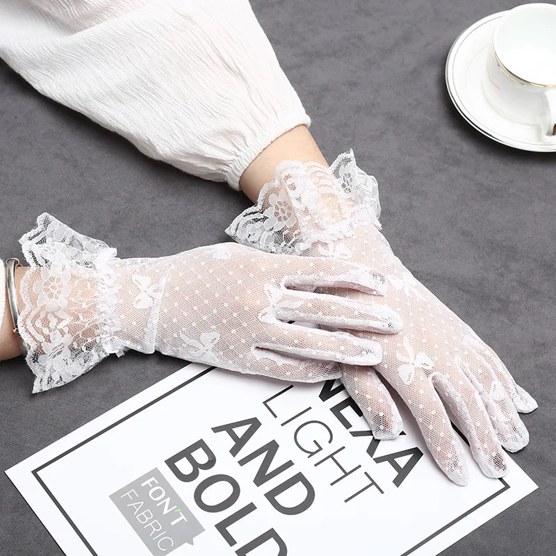 Guantes de encaje de moda Sheers para mujer, guantes de rejilla con lazo, guantes de conducción de dedo completo para fiesta de niñas