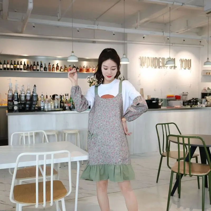 Tablier de cuisine en coton, étanche, résistant à l'huile, à fleurs, joli tablier de Style habillé, uniforme de café à fleurs