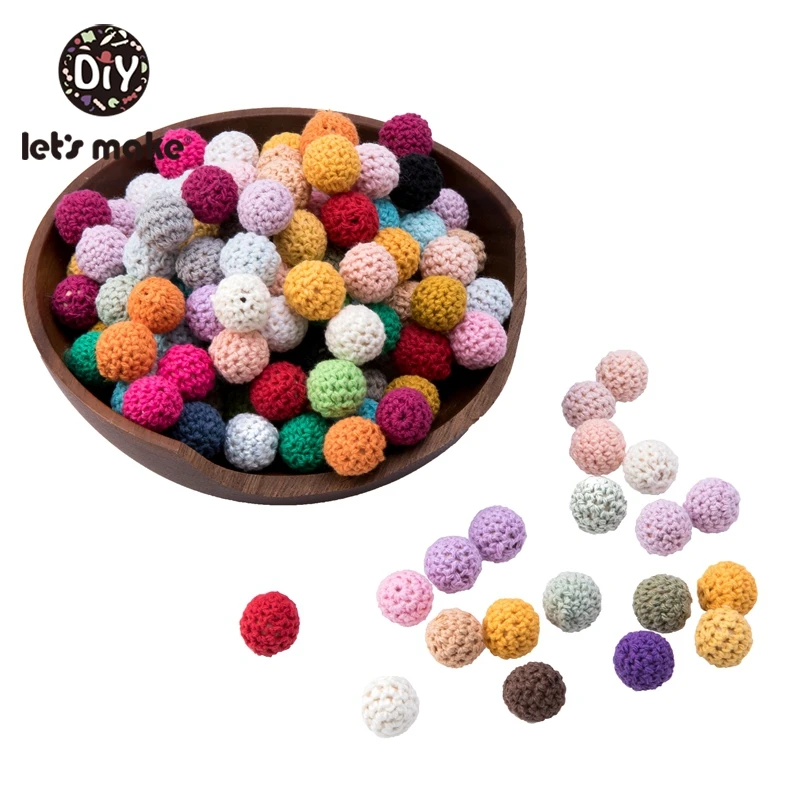 Let\'s Make 100Pcs Crochet Beaded Wood Teether 16mm Round Baby Wooden Teether Crochet Toys Braided Teething Beads Baby Oral Care