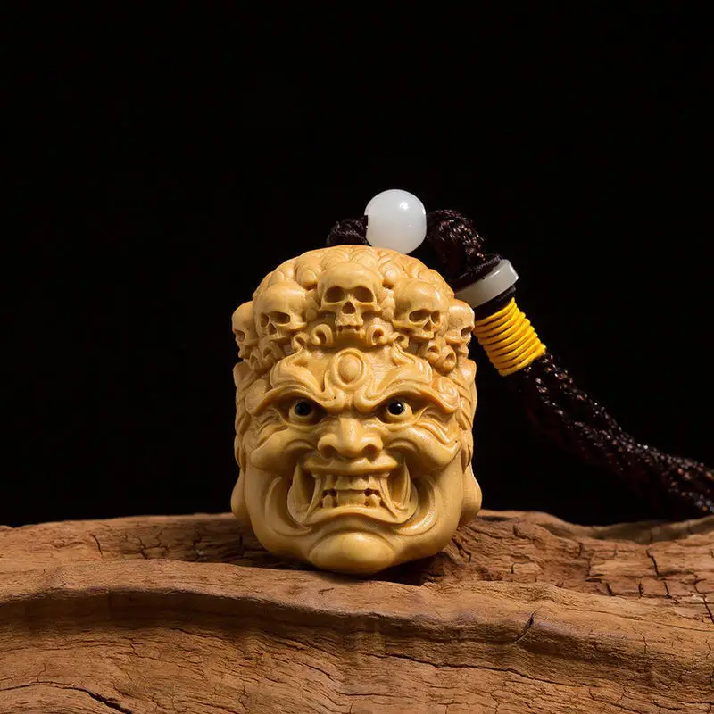 Boxwood Carving Fudo Ming Wang Buddha Head Handle, Wooden Hand-carved Evil Spirit Crafts, Men's Portable Pendant Statues