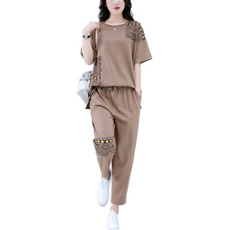 Cotton and linen suit women's summer two-piece loose blouse summer casual fashion pants suit A527