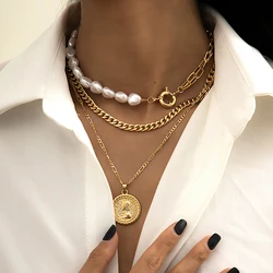Thick Chains with Coin Pendant Necklace Set for Women Layered Imitation Pearl Choker Colar Fashion 2024 Neck Jewelry Accessories