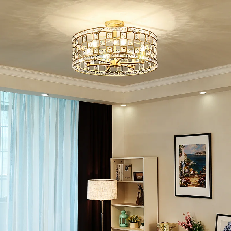 American crystal ceiling lamp K9 European bedroom restaurant lamp Princess room light luxury lamp gold round wedding room lamp