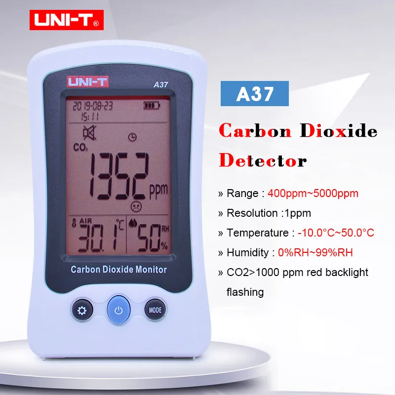 

Carbon Dioxide Monitor UNI-T A37 C02 concentration tester temp humidity date/time Automatic baseline correction NDIR CO2 Meter