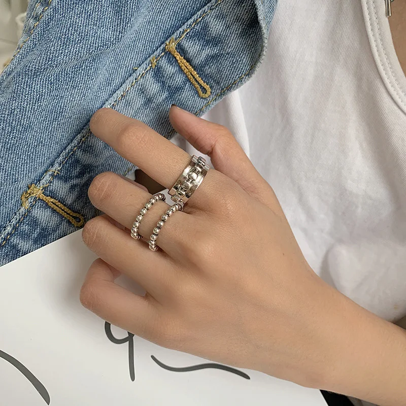 LIVVY  Silver Color Double-Deck Dot Chain Rings for Women  High-Quality Exquisite Elegant Wide finger  Jewlery