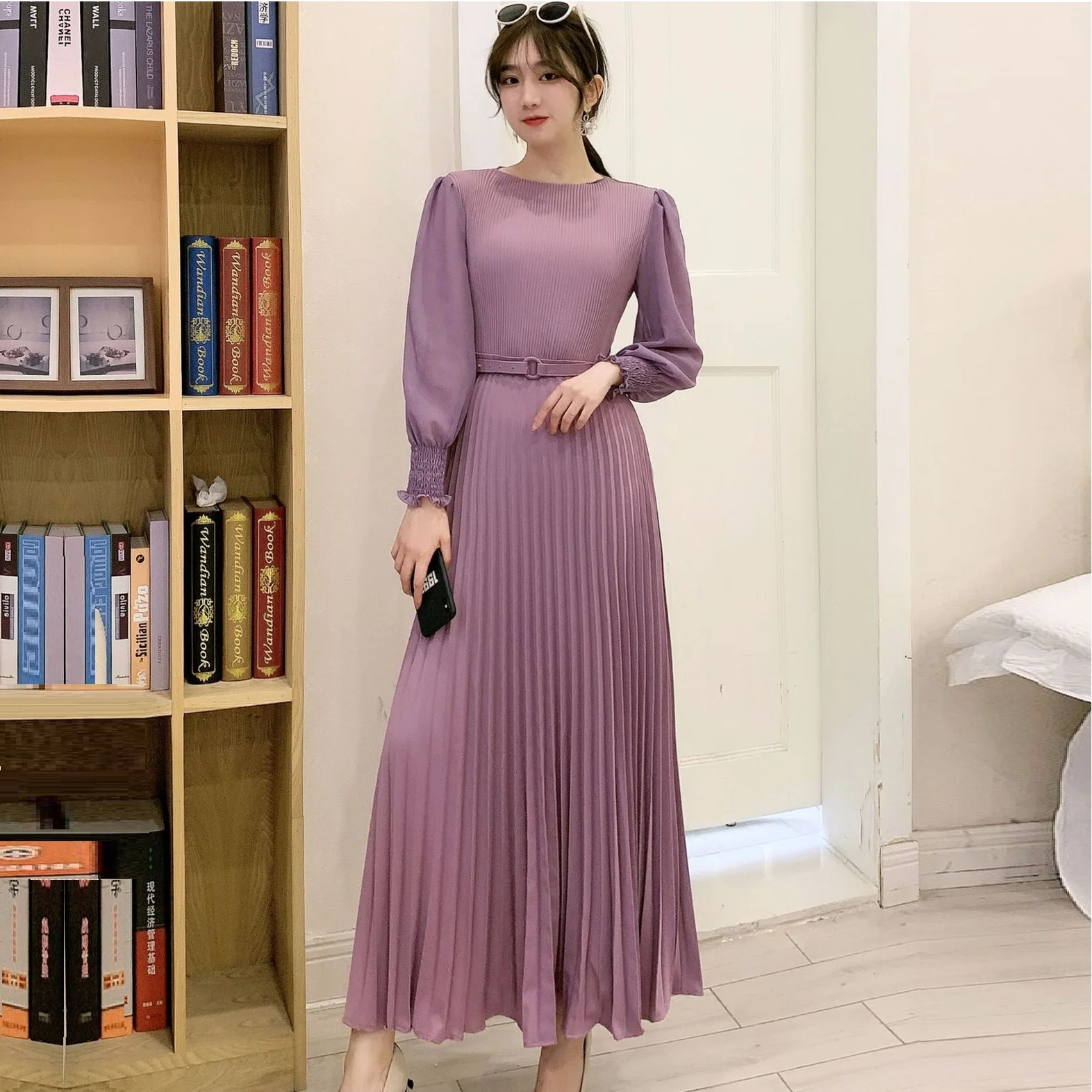 2022 Spring Elegant Women Pleated Party Dress with Belt Slim Waist Full Long Dress Bodycon Pleated Maxi Dress Wedding Vestidos