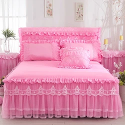 Juego de ropa de cama de encaje de princesa para niña, 1 pieza, falda de cama y 2 piezas de fundas de almohada, colchas, Sábana, funda de cama de encaje rosa