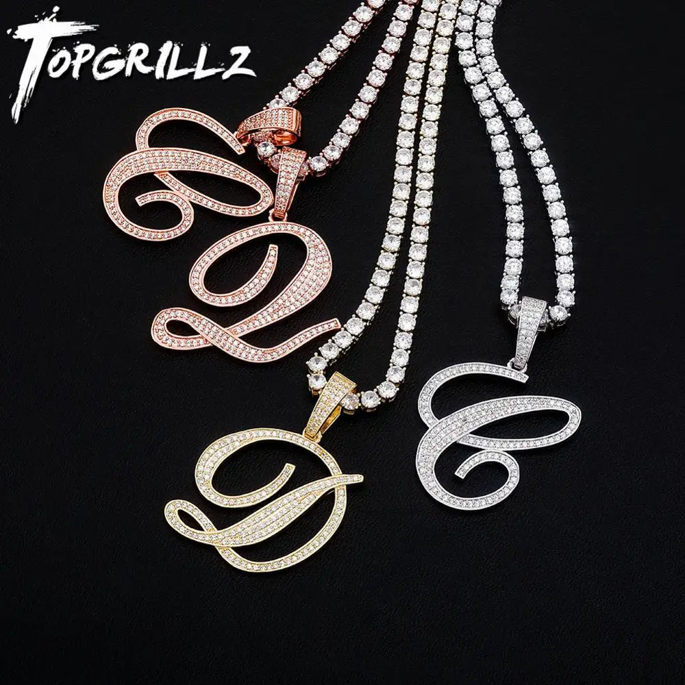 TOPGRILLZ 2020 New A-Z Bigger Size Cursive Letters Name Pendant Iced Out Cubic Zirconia Hip Hop Fashion Charm Jewelry For Gift