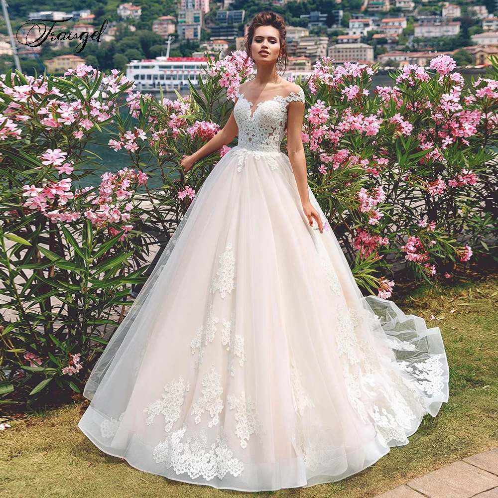 

Traugel Vestido De Novia Cap Sleeve Lace Vintage Wedding Dresses Elegant Applique Button Court Train A Line Bridal Gown