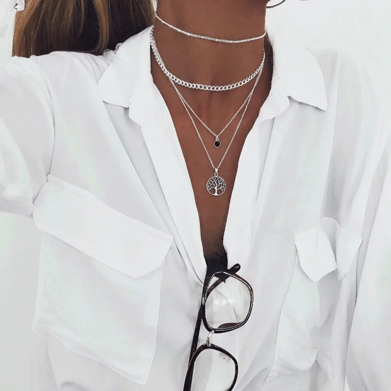 Tenande Vintage Mehrschichtige Party-Schmuckketten mit Blättern, Sternen, Hamsa-Hand und Mond für Damen - Trendige Bijouterie – Detail 15