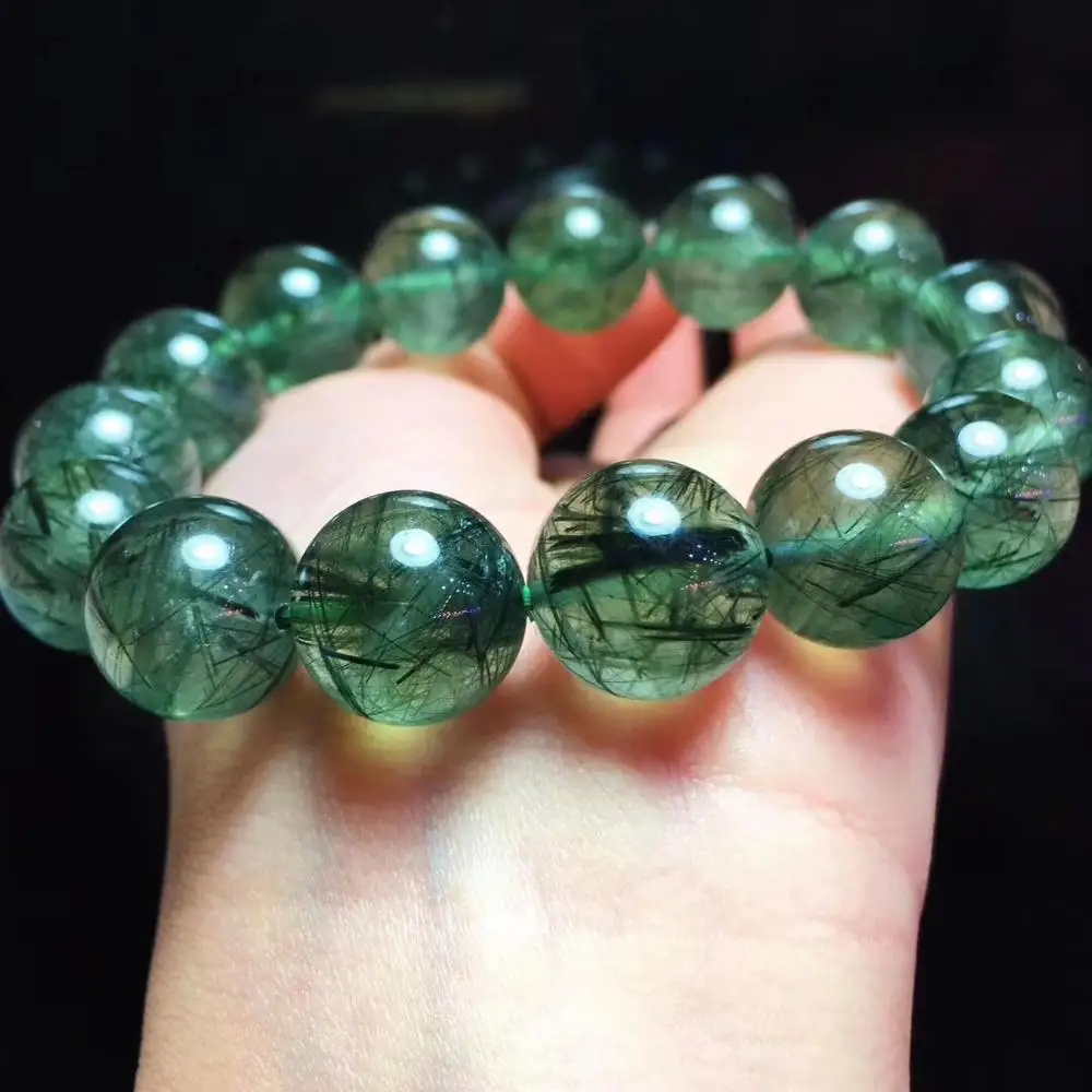 Natural Green Rutilated Quartz Bracelet Brazil Women Men Crystal Gemstone Green Rutilated Round Beads 12mm 13mm 11mm AAAAA