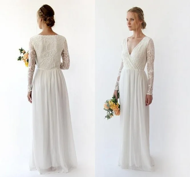 2025 Customized Long Sleeves A-line Country Bohemian Wedding Dress Lace Chiffon Beach Boho Bridal Gown Plus Size