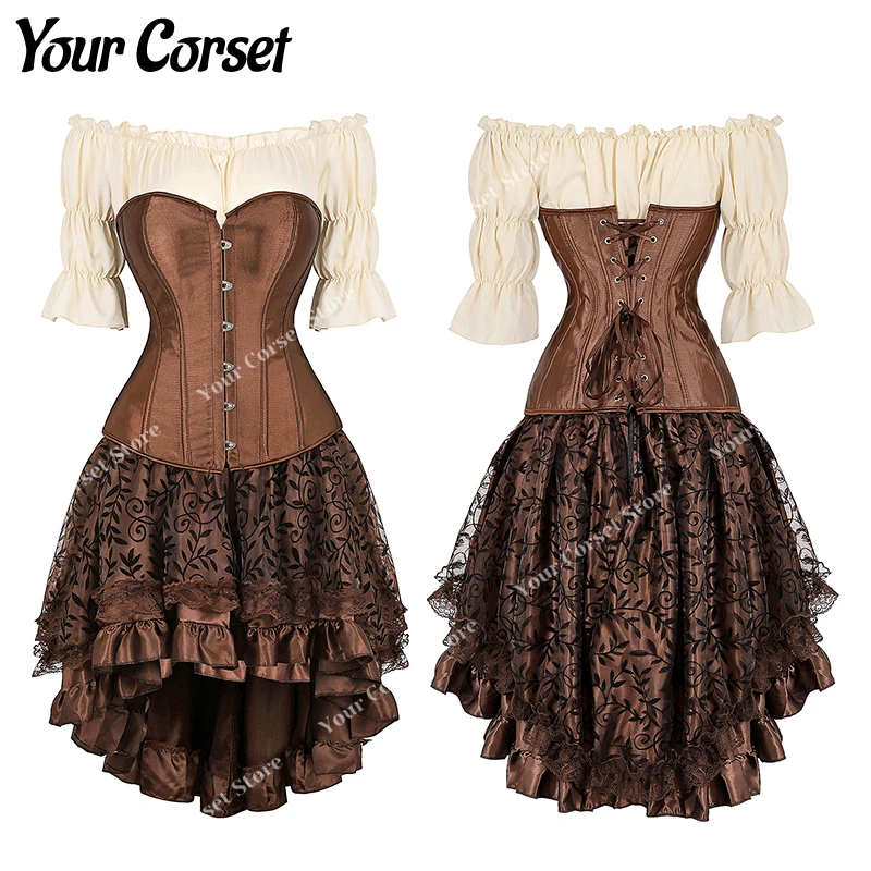 Steampunk Brown Corset Skirt with Shorts Ruffles Gothic Corset Dress Plus Size Leather Corset Pirate Costume for Women