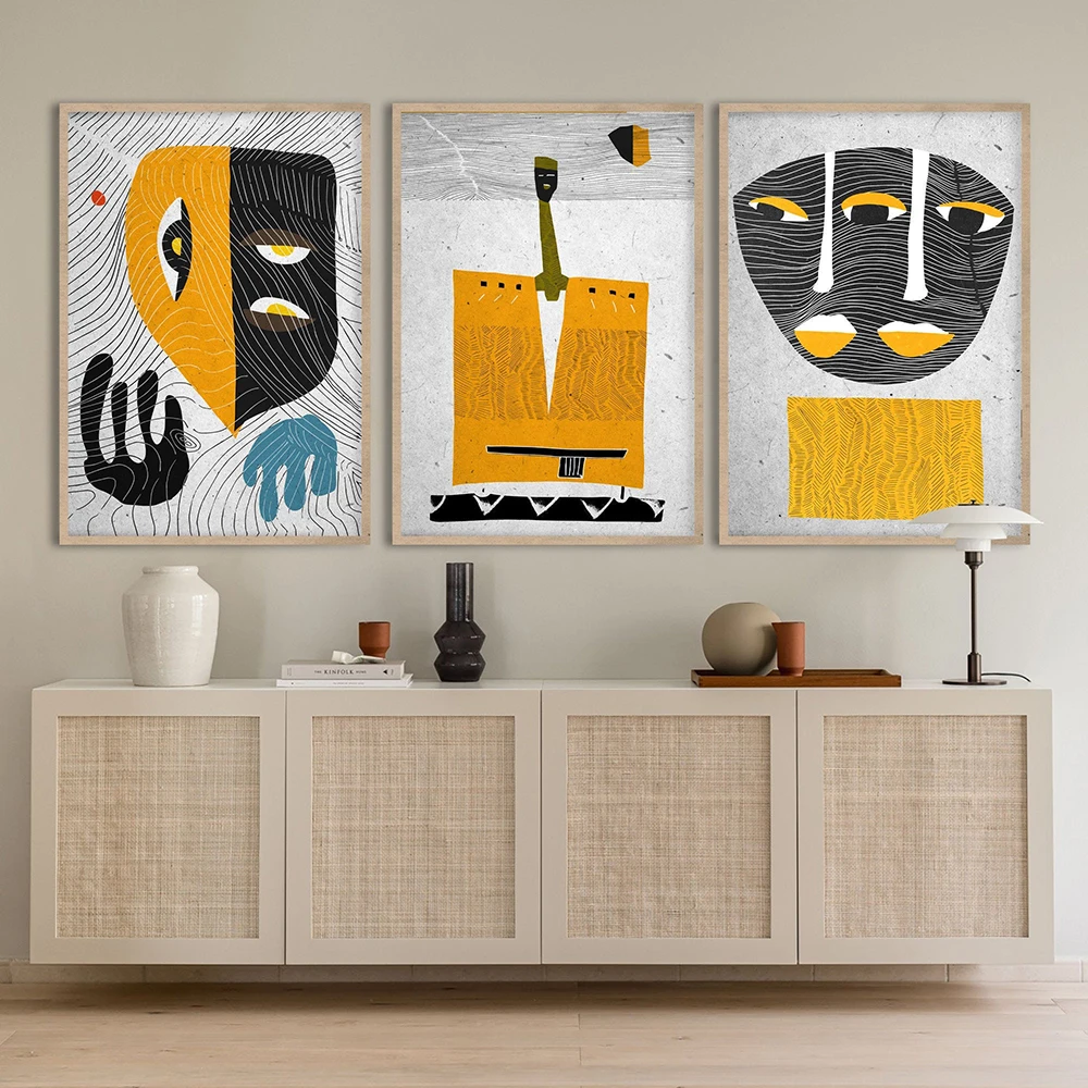 أسود أبيض أصفر أقنعة الأفريقية امرأة النفط اللوحة على قماش الملصقات والمطبوعات الاسكندنافية جدار صورة فنية لغرفة المعيشة