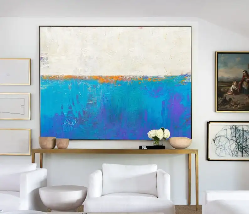 Blue Seascape Skyline Painting,Large Abstract Art,,Large Abstract Painting on Canvas,Abstract Art,Large Wall Canvas Oil Painting